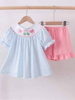 Rare BLUE GOLF CART MASTERS SMOCKED RUFFLE SHORTS SET BABY GIRL SIZE 12 MONTHS